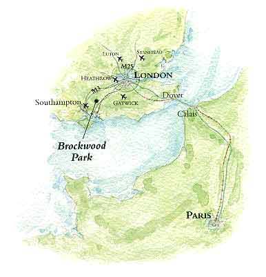 Hand drawn map showing Brockwood Park School's location in relation to mainland Europe